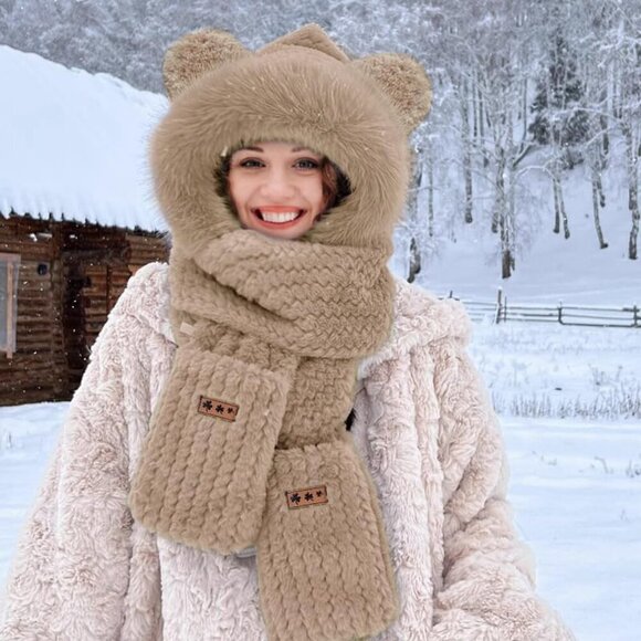 Women\'s Khaki Hooded Scarf Cute Bear Ear Hat Faux Fur Gloves Set Soft main image 8